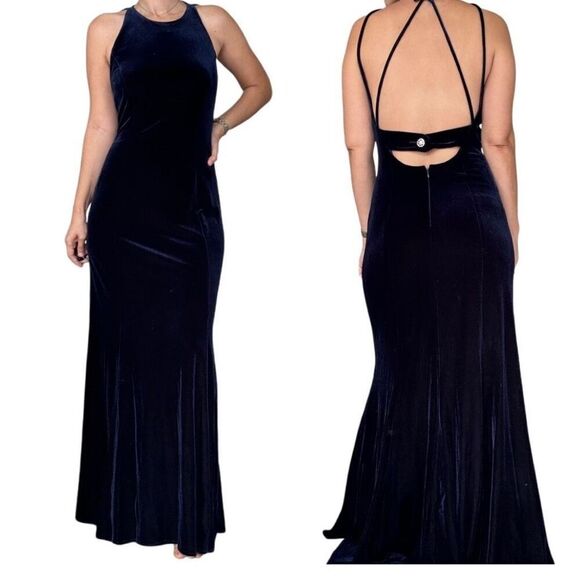 Vintage 90s Reggio Navy Blue Velvet Open Back Maxi Dress Gown Size 6 Sexy - Picture 1 of 11